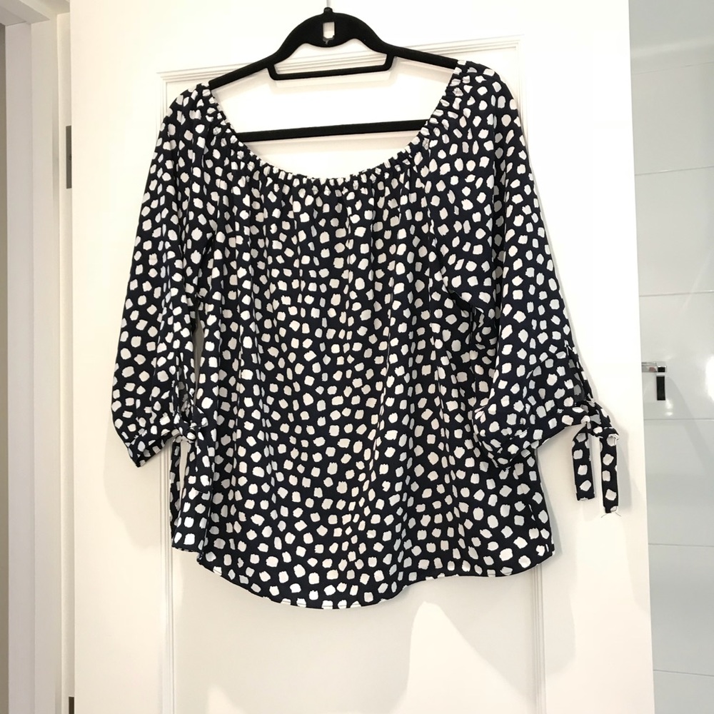 J Crew Shoulder Top in Blue and White Polka Dots